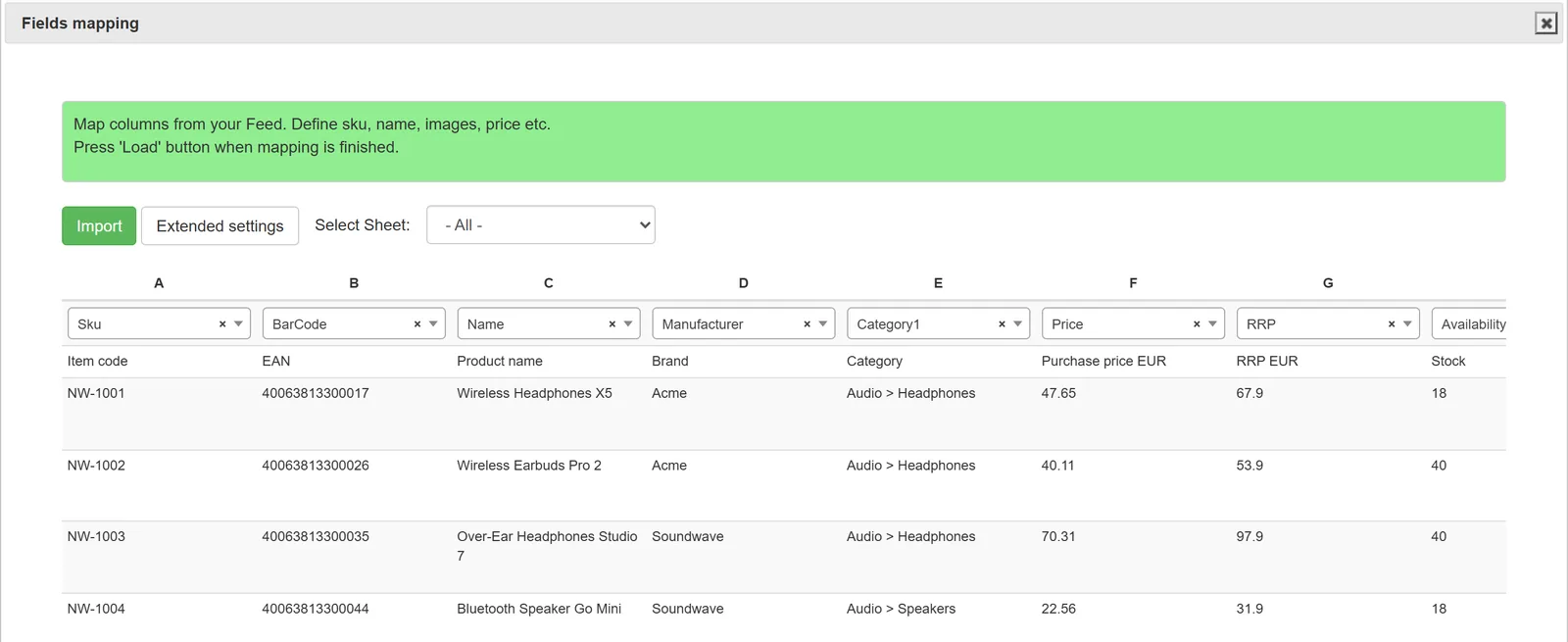 Field mapping: supplier columns assigned to SKU, price and RRP
