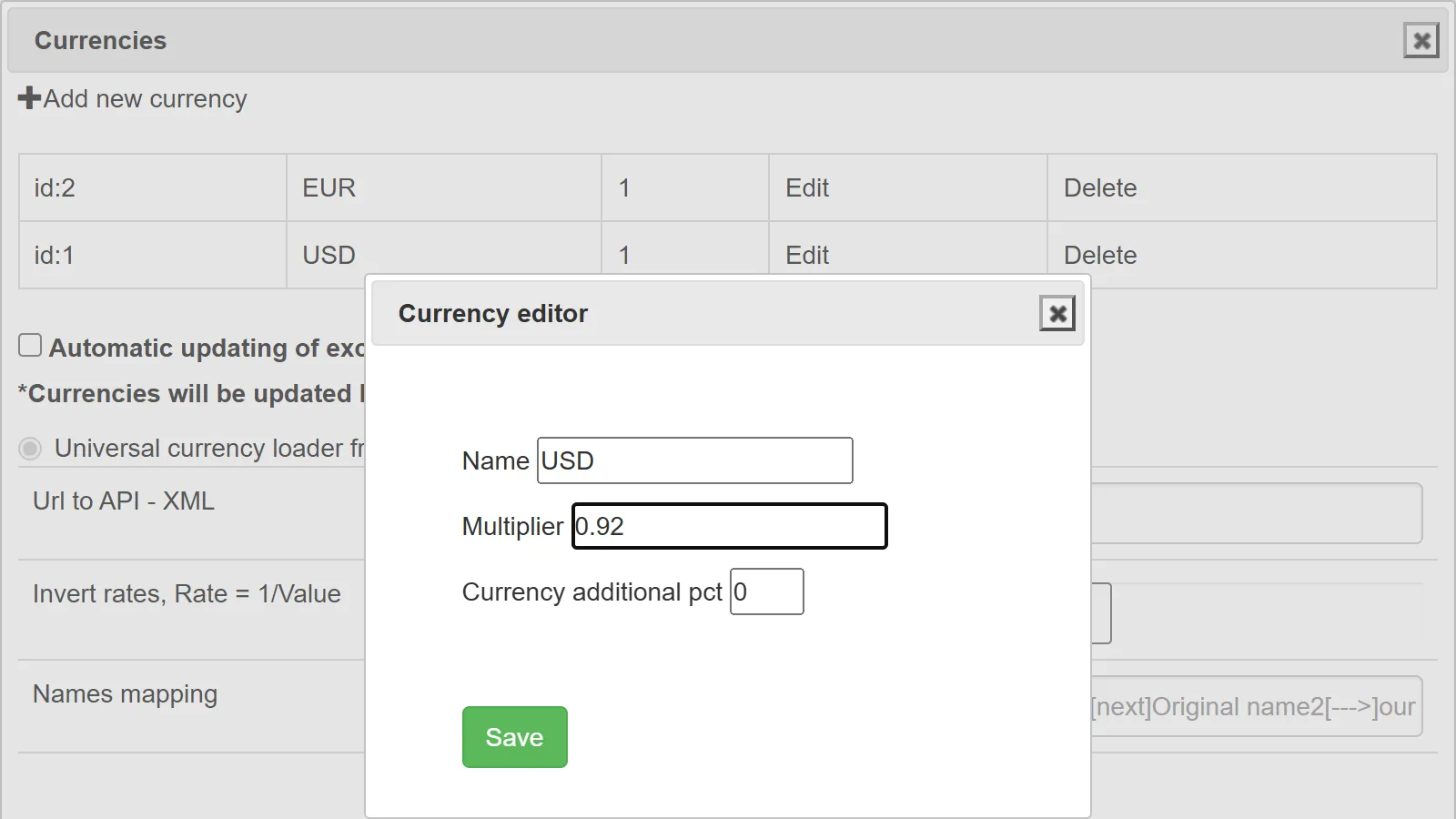 Currency settings with a USD to EUR rate