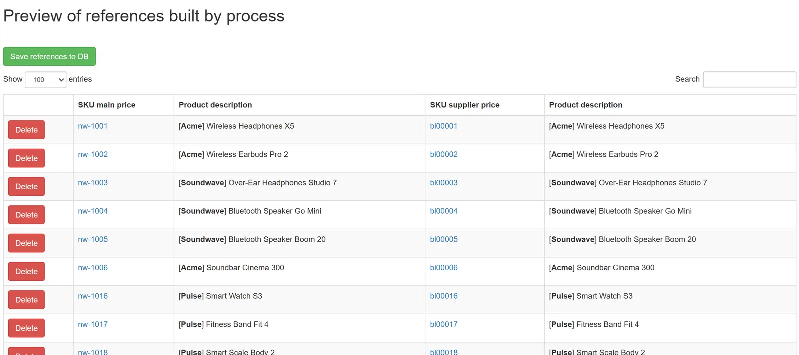 Preview of supplier products being linked to products in the main feed