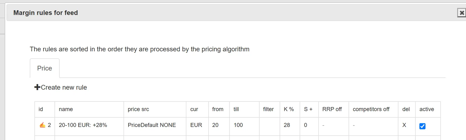 List of three markup rules by cost range