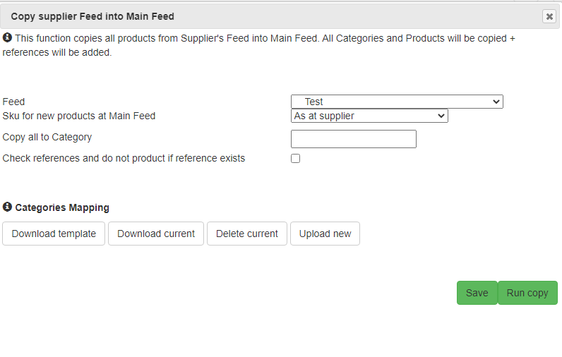 Copying products through the function “Copy supplier’s feed into Main feed” for shopify